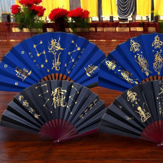 Handcrafted Taoist Ritual Fan | Traditional Feng Shui Fortune Gods & Zhen Wu Emperor | 10" Silk Hand-Painted Folding Fan | Dispel Evil