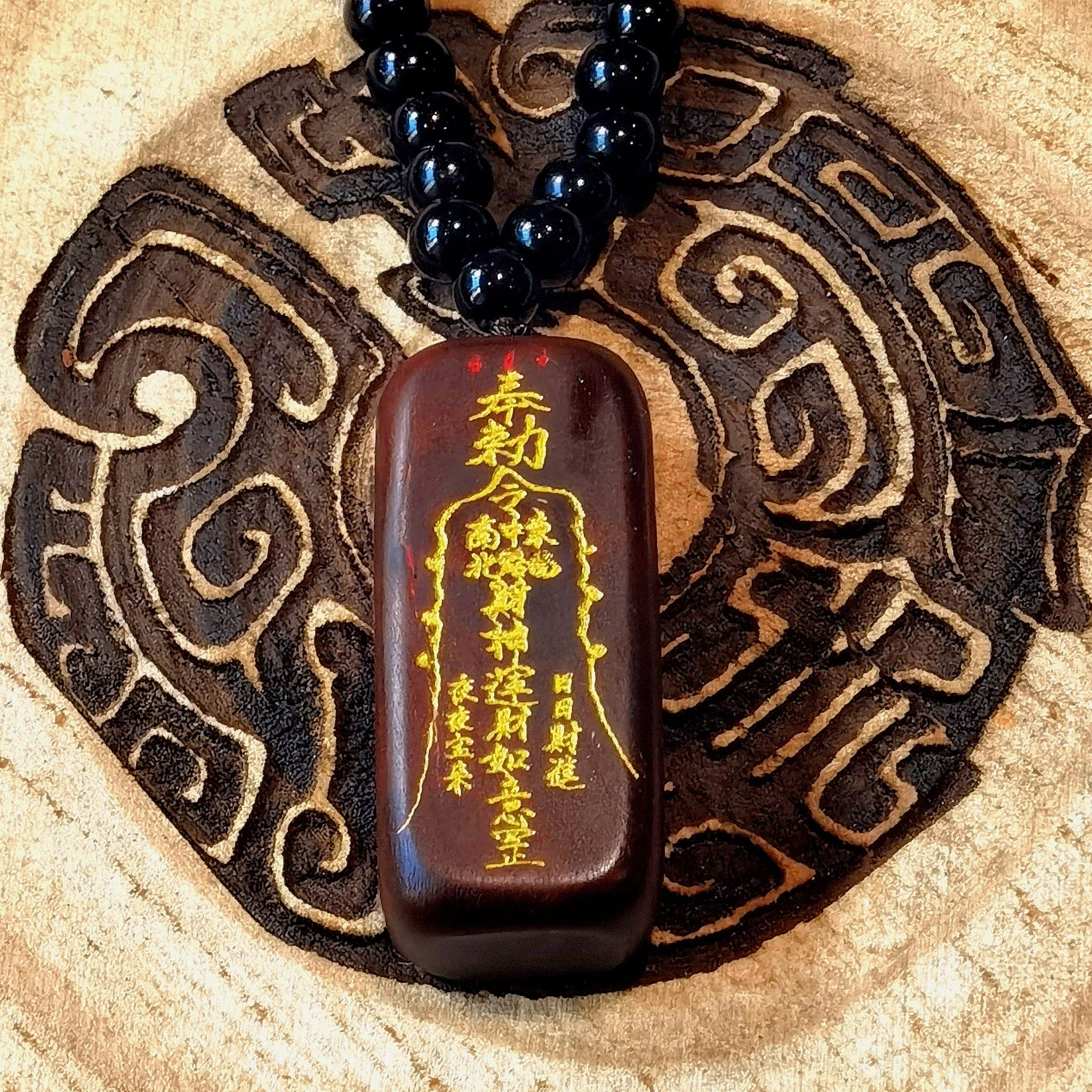 Hand-Carved Five Wealth Gods and Zhao Gongming THUNDER Jujube Wood Amulet
