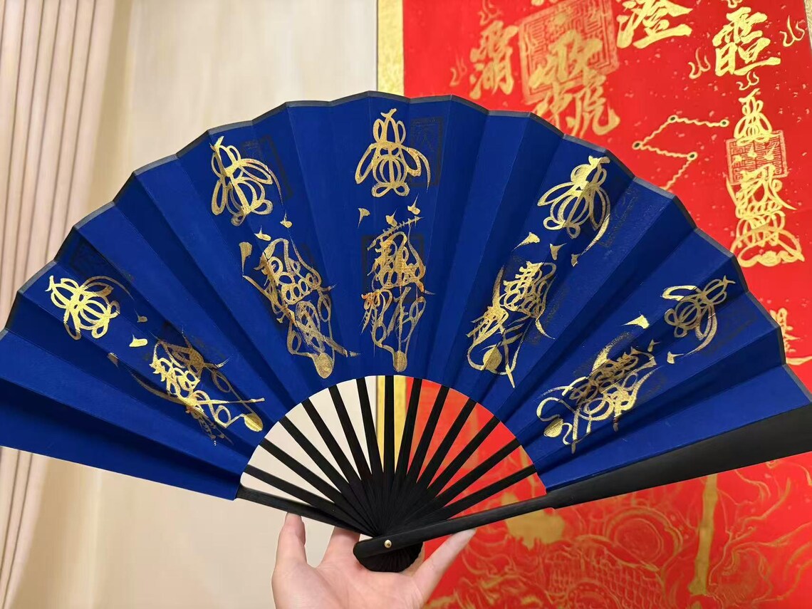 Handcrafted Taoist Ritual Fan | Traditional Feng Shui Fortune Gods & Zhen Wu Emperor | 10" Silk Hand-Painted Folding Fan | Dispel Evil