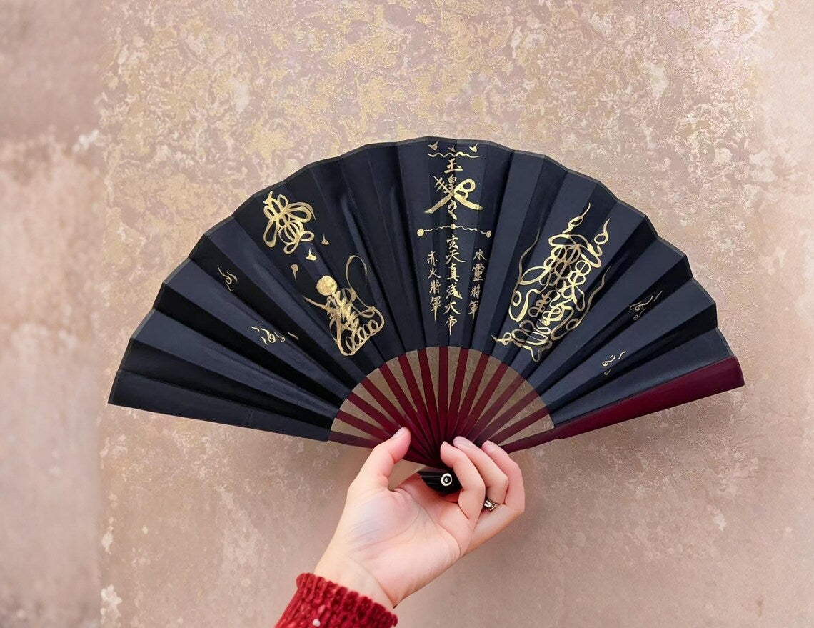 Handcrafted Taoist Ritual Fan | Traditional Feng Shui Fortune Gods & Zhen Wu Emperor | 10" Silk Hand-Painted Folding Fan | Dispel Evil
