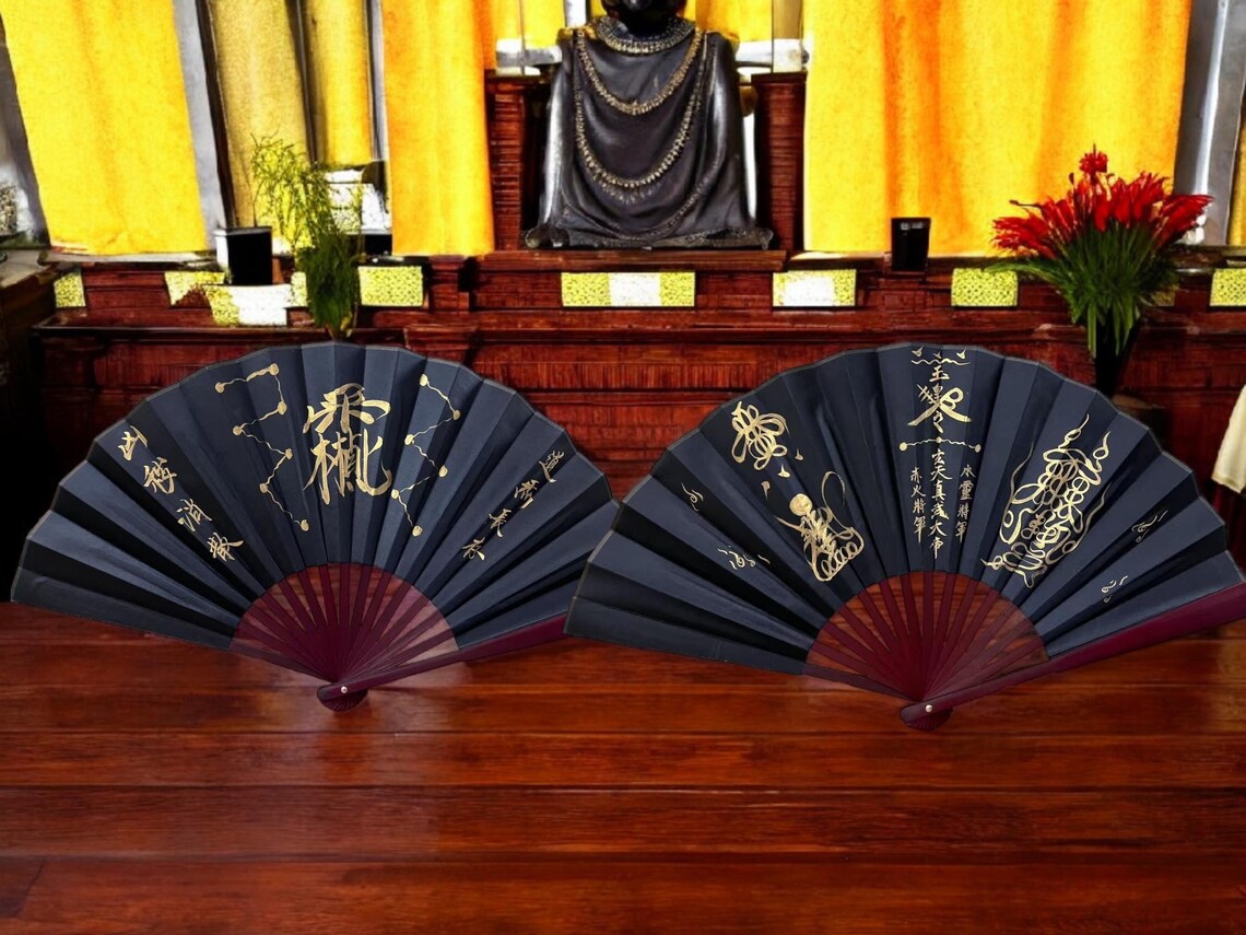 Handcrafted Taoist Ritual Fan | Traditional Feng Shui Fortune Gods & Zhen Wu Emperor | 10" Silk Hand-Painted Folding Fan | Dispel Evil