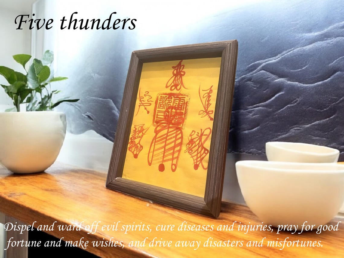 Handcrafted Taoist Talisman Frame Set, Feng Shui Wealth Attraction, Evil Protection Success Enhancing Symbols, Chinese Desk Display
