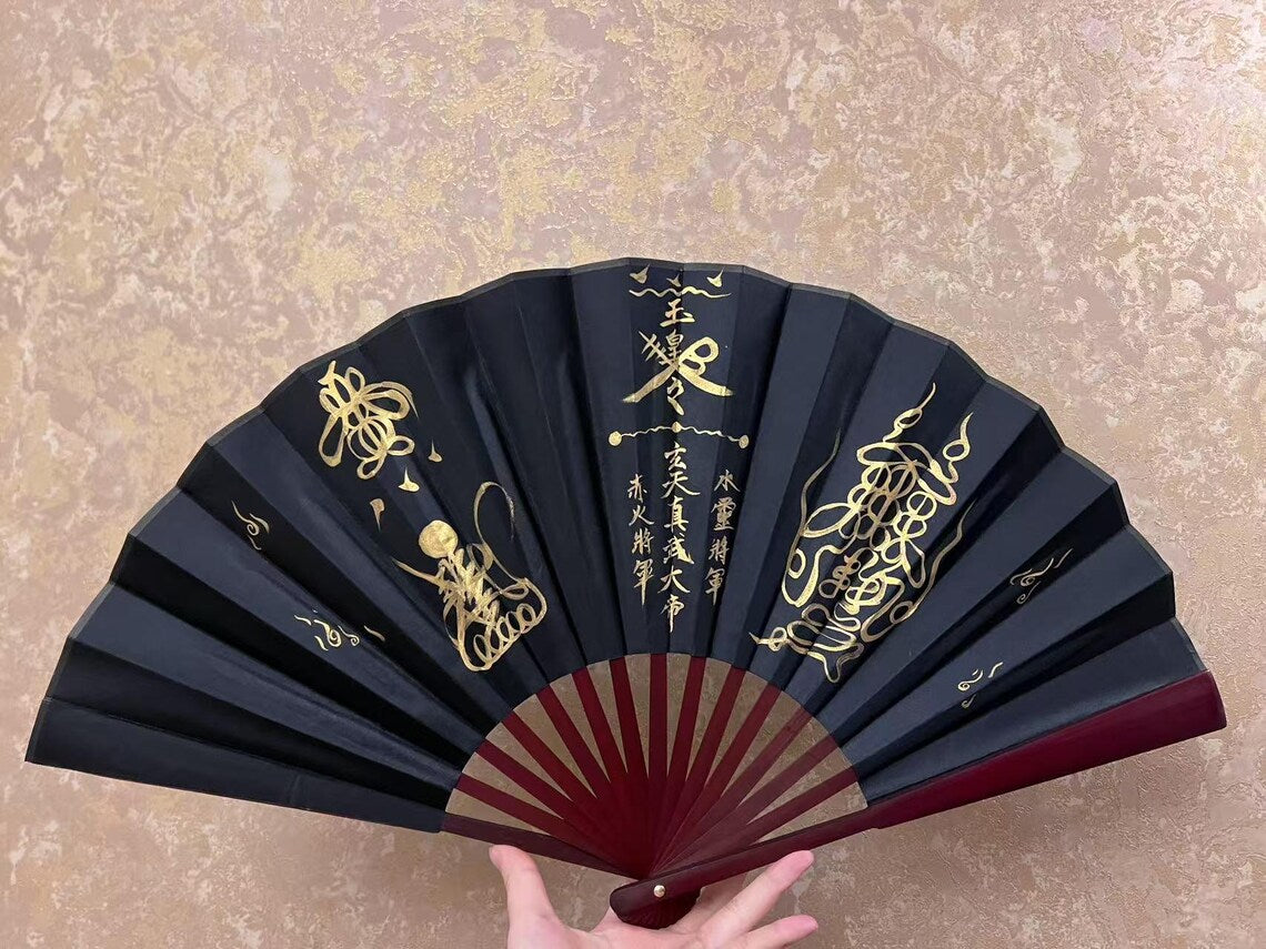 Handcrafted Taoist Ritual Fan | Traditional Feng Shui Fortune Gods & Zhen Wu Emperor | 10" Silk Hand-Painted Folding Fan | Dispel Evil